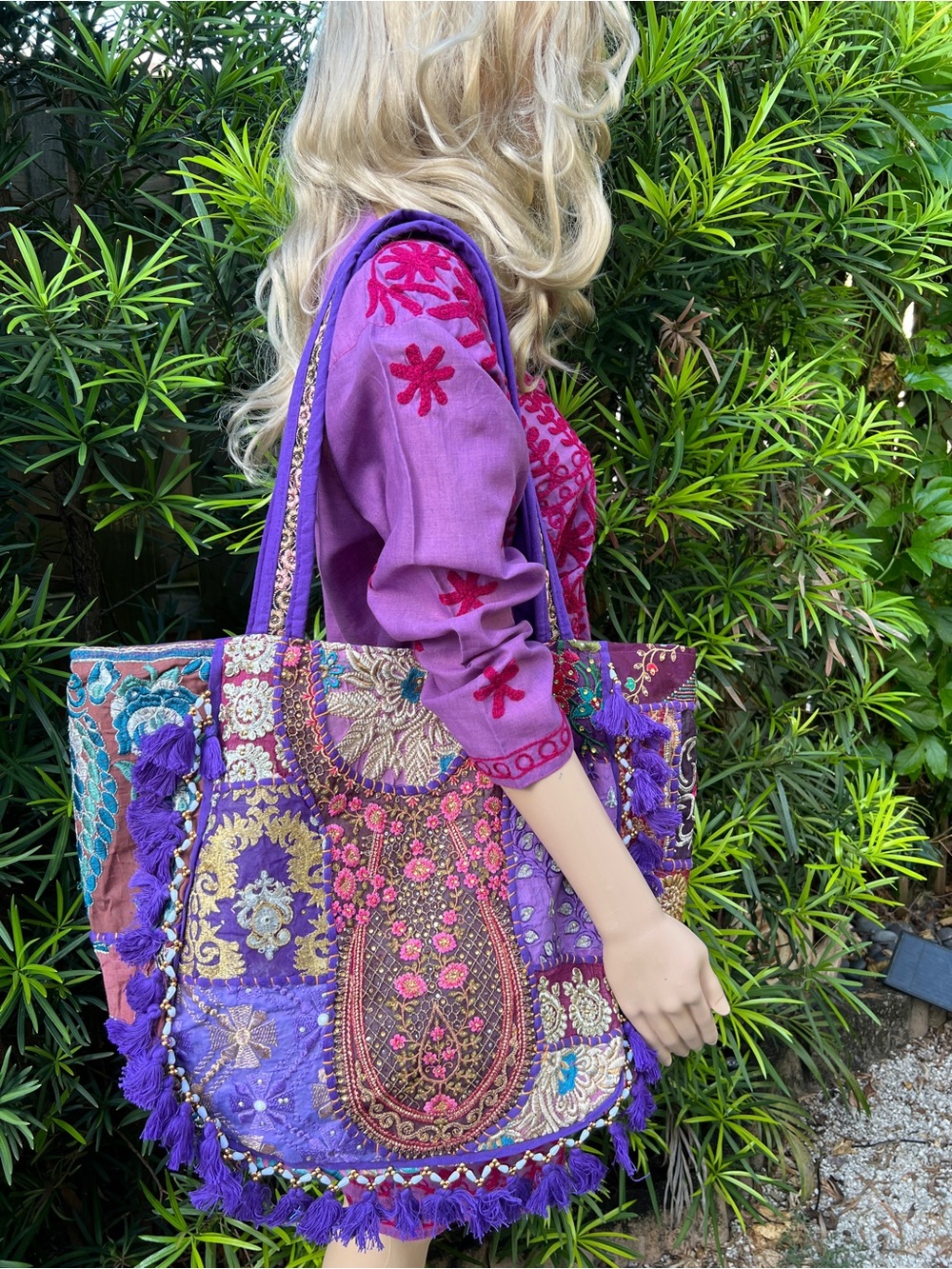 Boho Embroidered Purple Patchwork Tote Bag